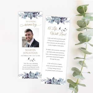 Marcador de funeral, modelo de marcador de cartão de oração personalizado com folhas azuis, lembrança memorial, lembrancinhas de funeral, marcador editável #F117