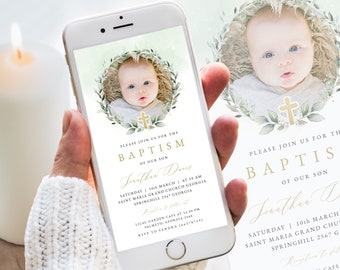 Baptism Electronic Invitation Template Editable Digital Download, Greenery Christening Evite, LDS Baptism Photo Text Invite, Instant, #BP49