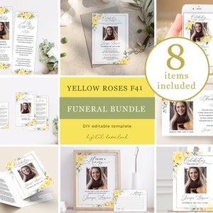 May include: A digital funeral bundle with yellow rose floral designs. The bundle includes various templates such as memorial cards, thank you notes, and a framed memorial sign. The text includes the name Jennifer Lawrence and dates.