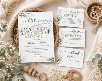 May include: A baby shower invitation set featuring a white background with green watercolor eucalyptus leaves and a cartoon elephant. The text reads A little peanut is on the way, Baby Shower, honoring Katarina Williams, books for baby, diaper raffle, and thank you.