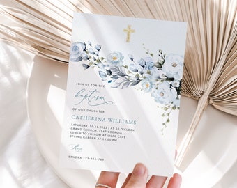 May include: Baptism invitation with floral design. The invitation features a watercolor arrangement of blue roses and greenery, a gold cross, and elegant script. Text includes the name Catherina Williams, date, time, and location.