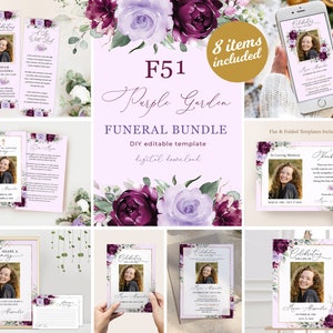 Editable Funeral Bundle, Memorial Package Celebration of Life Package In Loving Memory Suite Funeral Templates Bundle Purple Funeral Set F51