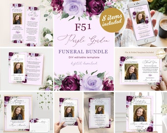 Editable Funeral Bundle, Memorial Package Celebration of Life Package In Loving Memory Suite Funeral Templates Bundle Purple Funeral Set F51