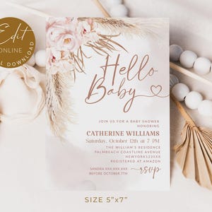 May include: A baby shower invitation with the text "Hello Baby" in a delicate script font. The design features floral and pampas grass accents in soft pink and beige tones. The invitation measures 5"x7".
