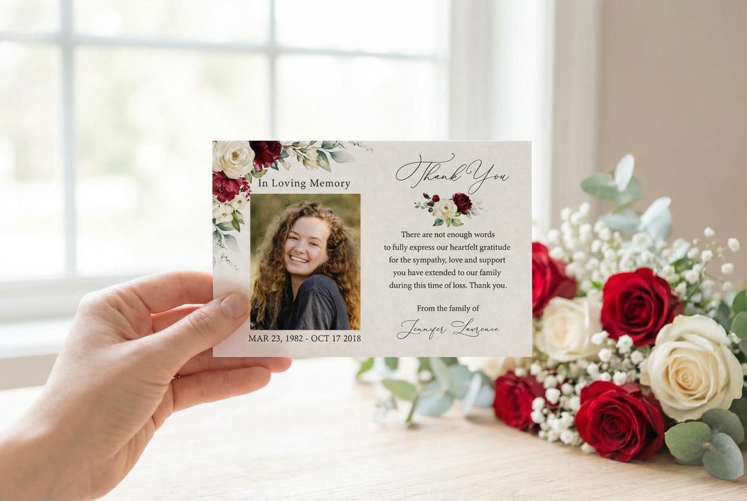 Funeral Thank You Card Template, Red and White Rose Memorial Thank You ...
