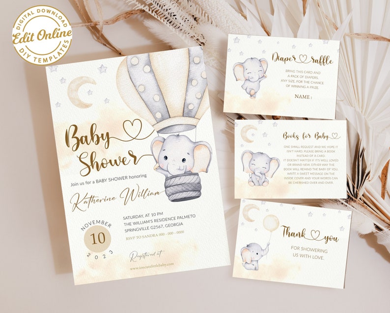 Editable Hot Air Balloons Elephant Baby Shower Invitation Template ...