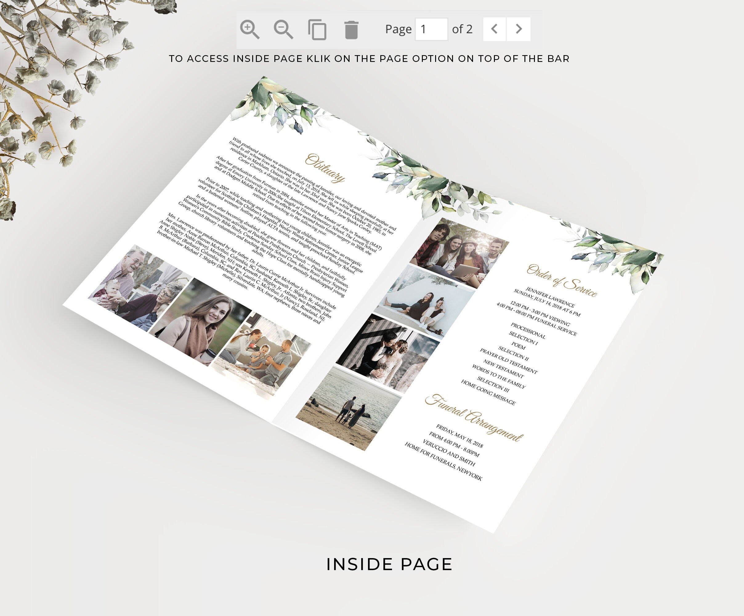 Editable Funeral Program Template Leaves Greenery Watercolour, Floral ...