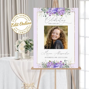 Funeral Welcome Sign Template, Purple Lilac Memorial Service Sign, Celebration of Life, Funeral Memorial Poster Funeral Sign #F42