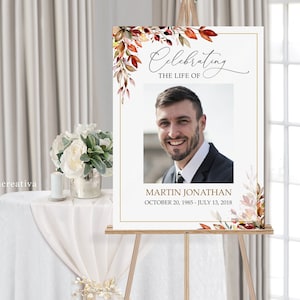 Autumn Funeral Memorial Sign, Celebration of Life, In Loving Memory Sign, Funeral Welcome Sign, Funeral Poster, Template printable #F18