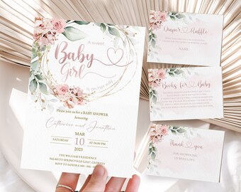 May include: A pink and gold baby shower invitation with floral accents. The invitation reads "A sweet Baby Girl is on her way" and includes the date, time, and location of the shower. The invitation also includes a diaper raffle and books for baby cards.
