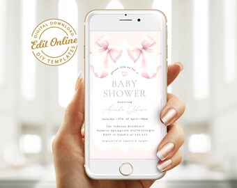 Szablon zaproszenia na baby shower z różową kokardką - Baby Girl Pink Coquette Baby Shower Evite - Mobilny - Natychmiastowe pobranie - Cyfrowy #BB125