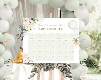 Puede incluir: Un juego de baby shower imprimible blanco con un diseño floral y el texto "Adivina la fecha de llegada de Baby Charlotte". El juego presenta un calendario con fechas del 27 de septiembre al 31 de octubre.