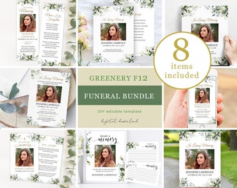 Editable funeral bundle template leaves greenery, botanical celebration of life bundle , printable in loving memory package suite F12