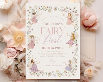Editable Wild Flower Fairy 1st Birthday Invitation, Fairy First Birthday Invite Enchanted Garden Whimsical Birthday BD114