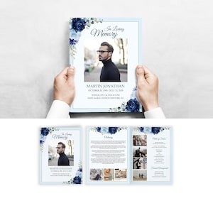 Plantilla de programa funerario plegable de cartas rosas azules, programa de servicio conmemorativo de cartas azul, programa de obituario tamaño de carta plegable 8.5x11" F38