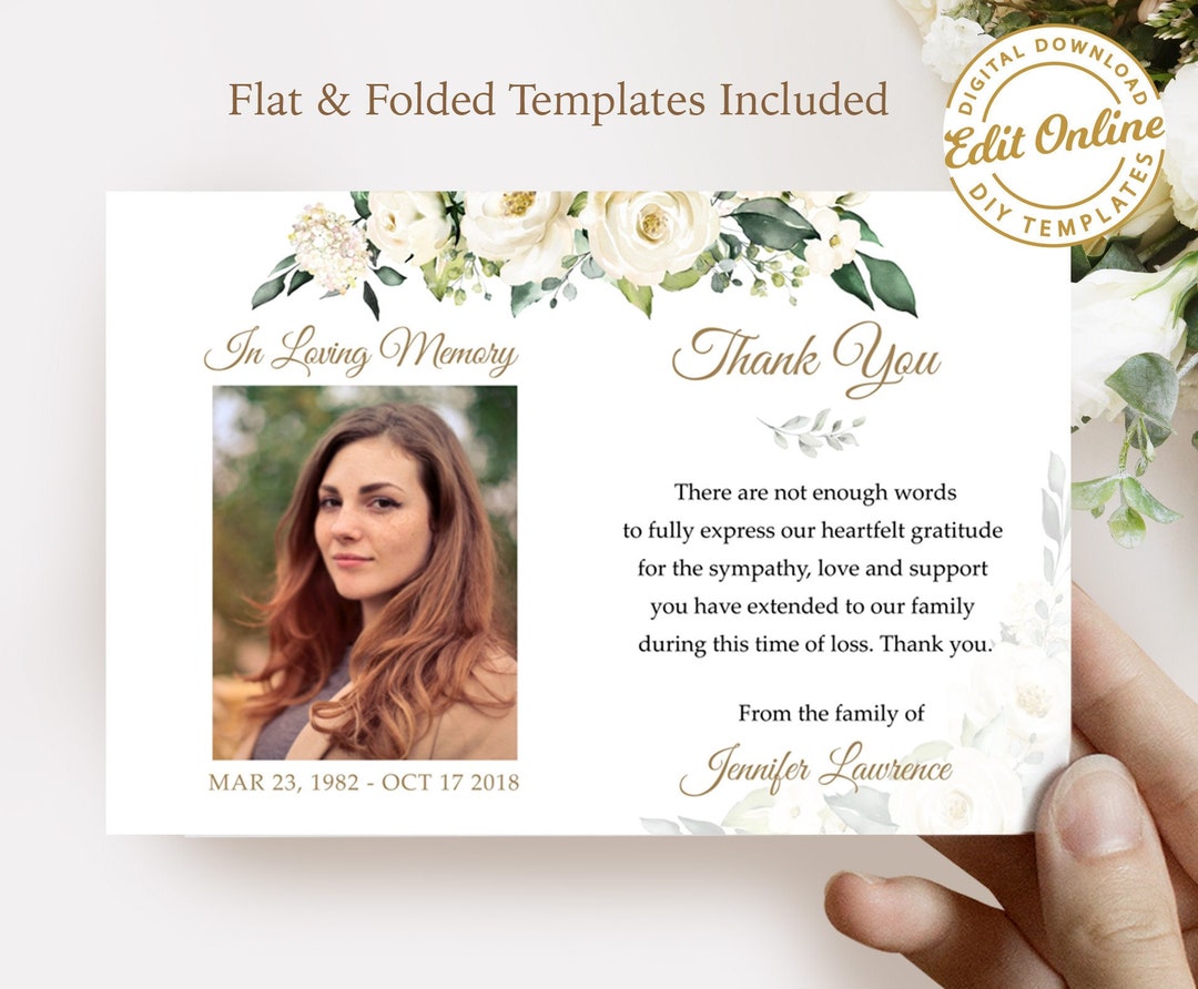 White Rose Flower Greenery Funeral Thank You Card Template Editable ...
