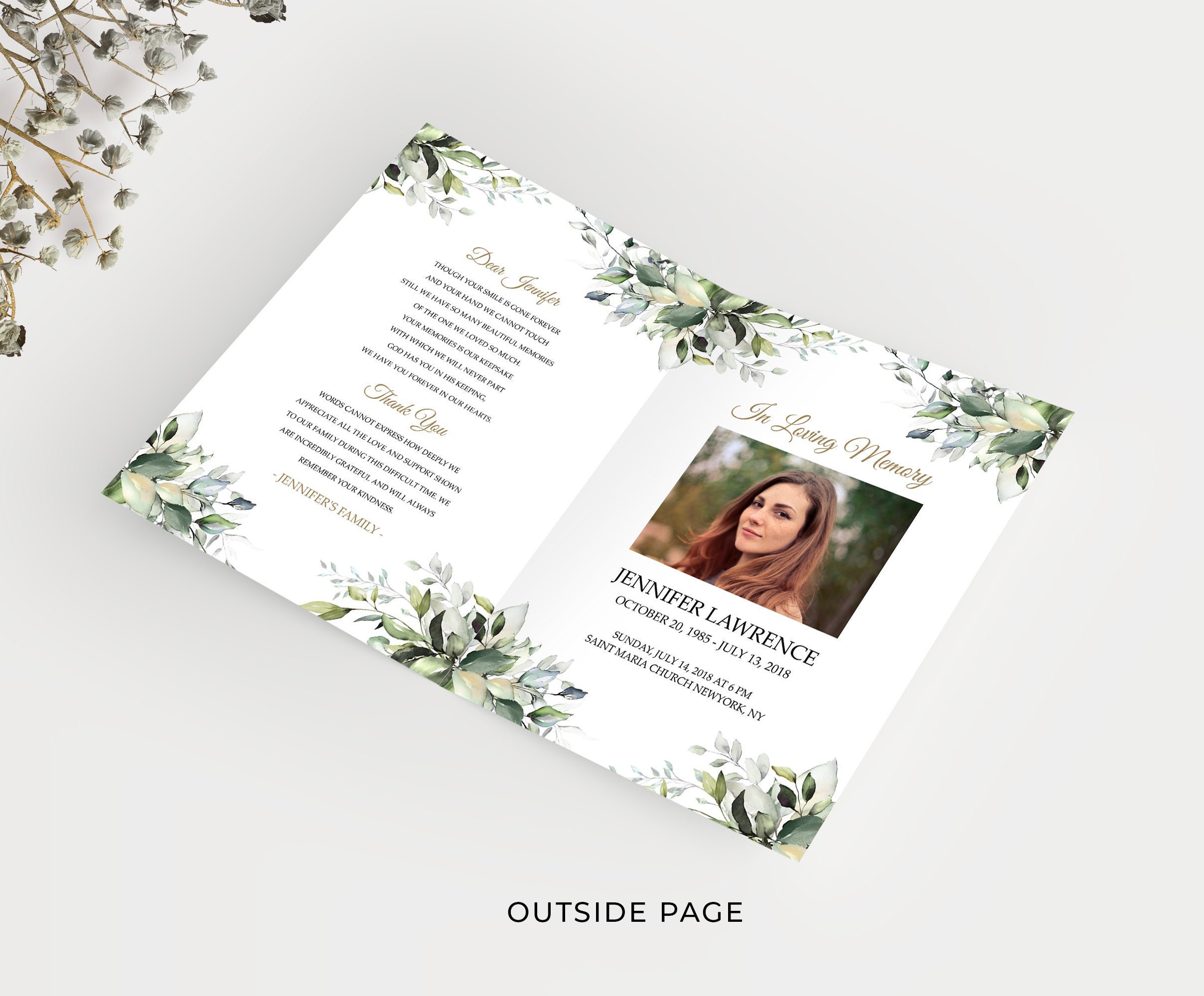 Editable Funeral Program Template Leaves Greenery Watercolour, Floral ...