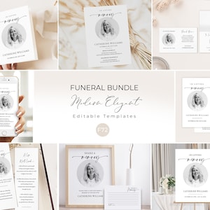 Ensemble funéraire minimaliste, colis commémoratif, modèles de célébration de la vie, suite In Loving Memory, enseigne, invitation, cartes Evite # F72
