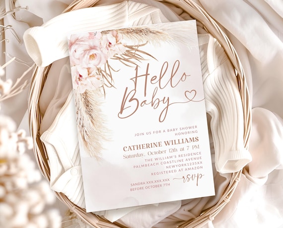 Boho Baby Shower Invitation Template Pampas Grass Baby Shower Invite Bohemian Baby Shower Party Invitation Editable Instant Digital #BB228