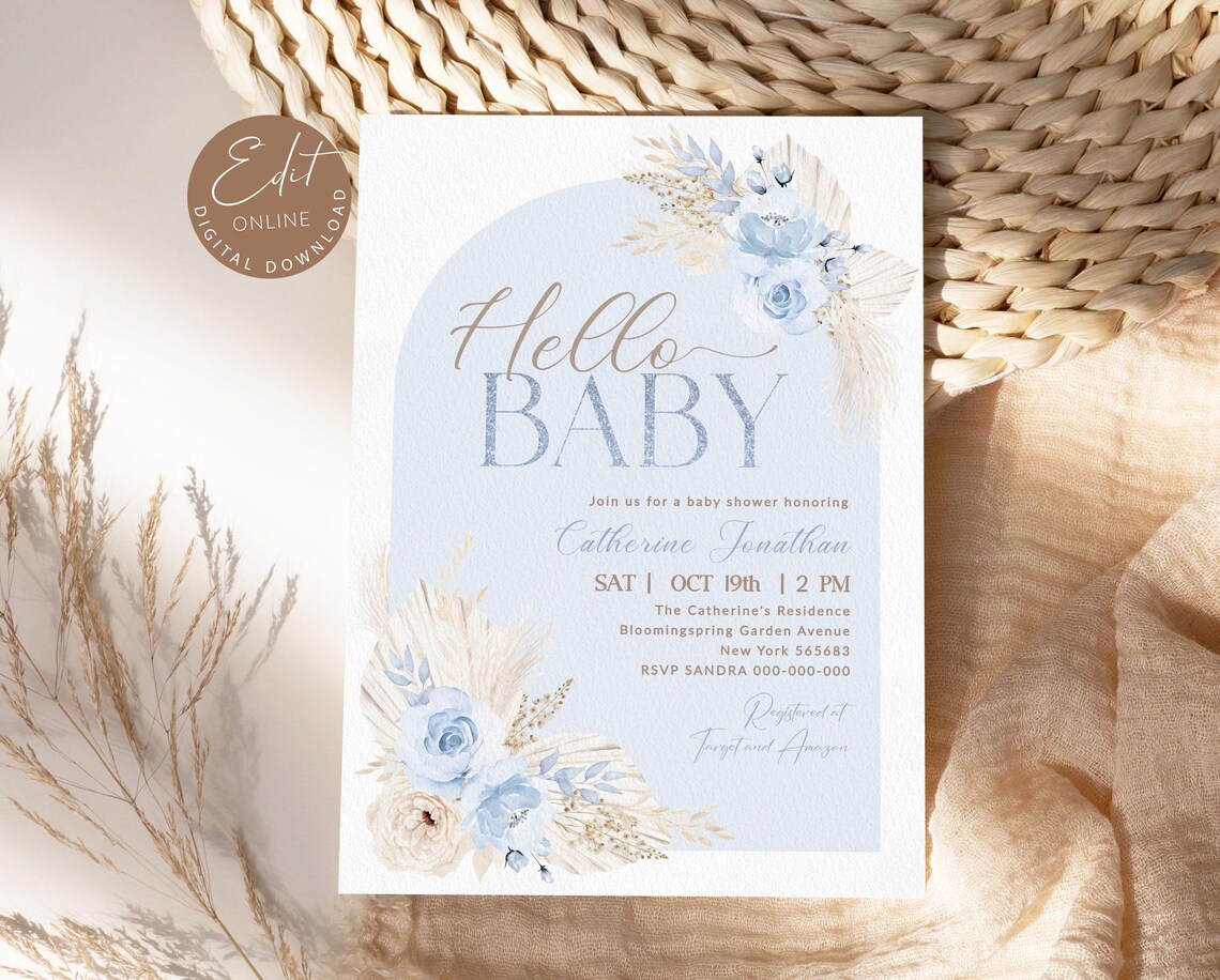EDITABLE Blue Floral Pampas Grass Boho Baby Shower Invitation Template ...
