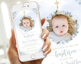 Digital Christening Invitation for boys, Template Baby Boy Baptism ,Editable Baptism Evite, Phone Baptism Photo Invitation, Download #BP46