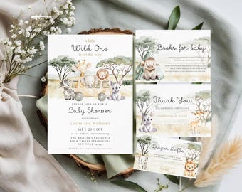 May include: A baby shower stationery set with a safari theme. The main invitation card features a vintage safari vehicle with animal illustrations and the text "Wild One". Additional cards include "Books for baby", "Thank You", and a diaper raffle.