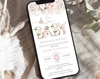 Pink Blush Oh Baby Smartphone Baby Shower Invitation template, Girl Baby Shower Template Evite, Baby Shower E-vite, Editable invite #BB377
