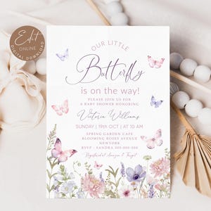 Editable Butterfly Baby Shower Invitation, Purple Butterfly Invite Template, Butterfly Baby Shower Girl, Butterflies and Flowers Pink
