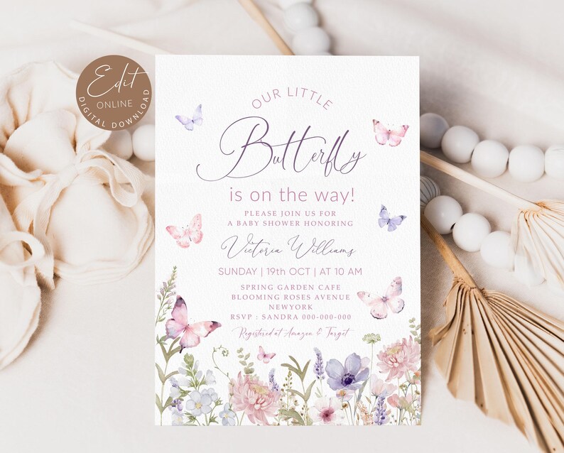 Editable Butterfly Baby Shower Invitation, Purple Butterfly Invite Template, Butterfly Baby Shower Girl, Butterflies and Flowers Pink