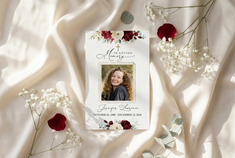 In Loving Memory Memorial Card Template | Red Rose Funeral Prayer Card ...