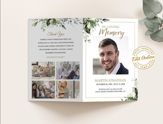 Editable Funeral Program Template, Funeral Memorial, Greenery Order Of Service, Celebration Of Life Program, Instant download #F116