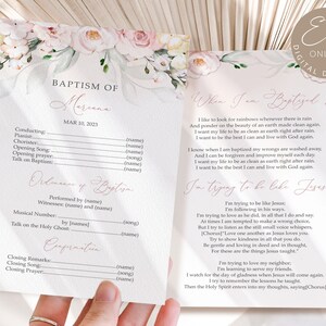 Könnte beinhalten: Ein Taufprogramm mit floralen Akzenten und dem Text "Taufe von Mariana, 10. März 2023." Das Programm enthält Abschnitte für die Gottesdienstordnung und ein Gedicht mit dem Titel "Wenn ich getauft bin."