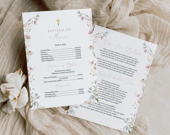 Plantilla editable para el programa de bautismo de los Santos de los Últimos Días, programa de bautismo de niñas de los Santos de los Últimos Días, descarga instantánea del programa de bautismo de flores silvestres rosas, n.° BP56