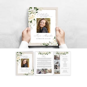 Plantilla de programa funerario rosas de lirio blancas, programa de servicio conmemorativo floral de lirio, programa de obituario tamaño de carta doble 8.5x11" #F25