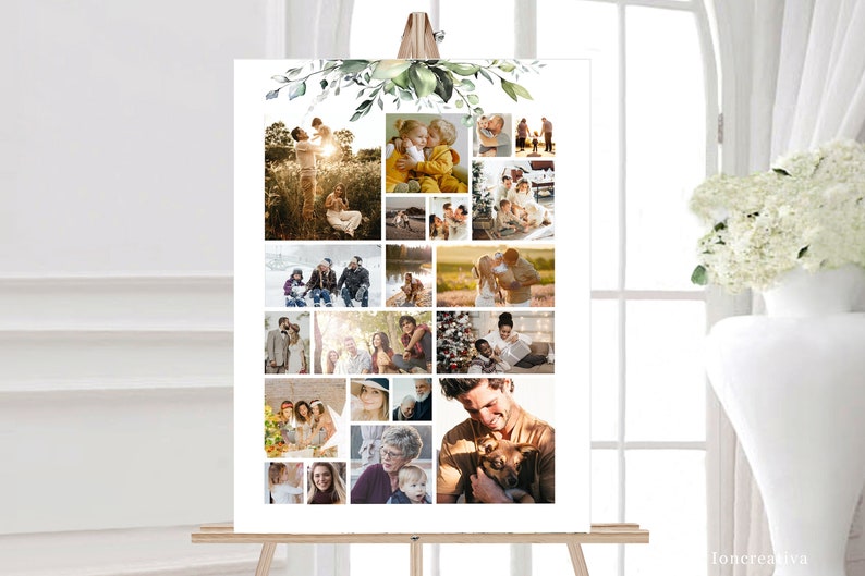 SET Funeral Heart Collage Templates, Greenery Funeral Photo Collage, Celebration of Life, Easel Display Memorial Poster