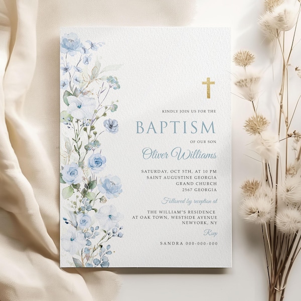 Plantilla de invitación de bautismo, flores azules rústicas, editable, tarjeta de invitación de bautismo azul imprimible, bautismo rústico, descarga INSTANTÁNEA #BP151