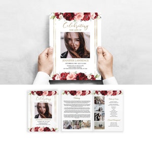 Modèle de programme de funérailles modifiable Roses rouges Programme de service commémoratif floral Programme de nécrologie plié en deux format lettre 8,5 x 11 po. # F27