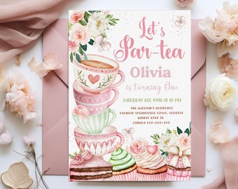 Editable Tea Party Birthday Invitation, Pink and Gold (Digital Template) BD67