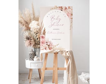 Editable Pink Bow Elephant Baby Shower Welcome Sign Pink Balloon Baby Shower Welcome Sign, Boho elephant welcome sign Girl baby shower BB46