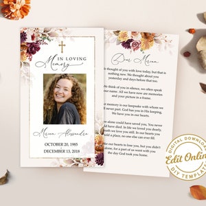 Szablon kwiatowej karty modlitewnej na pogrzeb: Edytowalna karta na nabożeństwo żałobne (2&quot;x3,5&quot; i 3&quot;x5&quot;) #F16