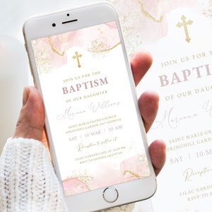 Modern Christening Invitation, Girl Baptism Invitation Template, Pink and Gold Christening Invite Template, Girl Pink Watercolor Gold  #BP23