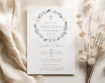 First Holy Communion Invitation Template, Rustic blue Flower First Communion, Printable Invite, Instant Download, Editable Invitation #HC52