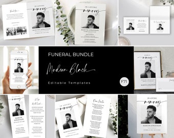 Editable Funeral Bundle, Modern Funeral Program Bundle, Celebration of Life Package, In Loving Memory Suite, Memorial Stationery Set #F71