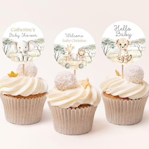 ジャングルカップケーキトッパー ジャングルベビーシャワー かわいいサファリ動物 ベビーシャワーフードデコレーション 印刷可能なトッパー 編集可能 すぐにダウンロード可能 #BB229