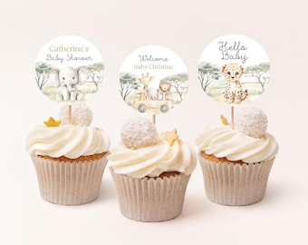 Adornos para cupcakes de la selva, ideales para baby shower. Adorables animales de safari. Decoración imprimible para comida de baby shower. Descarga instantánea y editable. #BB229