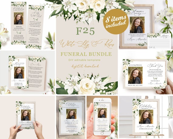 Funeral Bundle template white Lily Roses flower floral white celebration of life bundle Lily memorial package suite, In Loving Memory #F25
