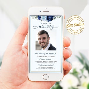 Editable Blue Flowers Funeral Evite Funeral Announcement Digital Invites Electronic Funeral Memorial Template Smartphone Funeral Evite #F38