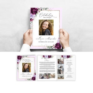 Plantilla de programa funerario editable flor de rosas púrpuras, programa de servicio conmemorativo floral, programa de obituario doble 8.5"x11" Tamaño carta f51