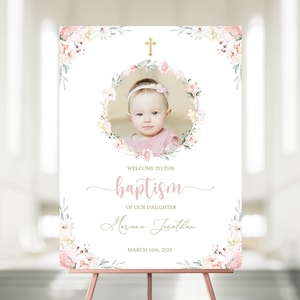 Baptism Welcome Sign Poster Template Dusty Pink Floral Baptism with Photo Printable Baptism Poster, Editable, Instant Download, #BP45
