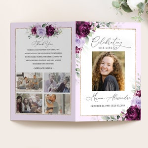 Editable Funeral Program Template, Funeral Memorial, Purple Roses Order Of Service, Celebration Of Life Program, Instant download